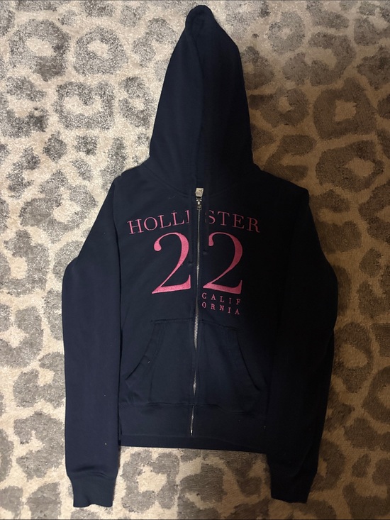 Hollister Sweaters - Hollister Navy Hooded Zip Sweatshirt with Pink '22' Graphic